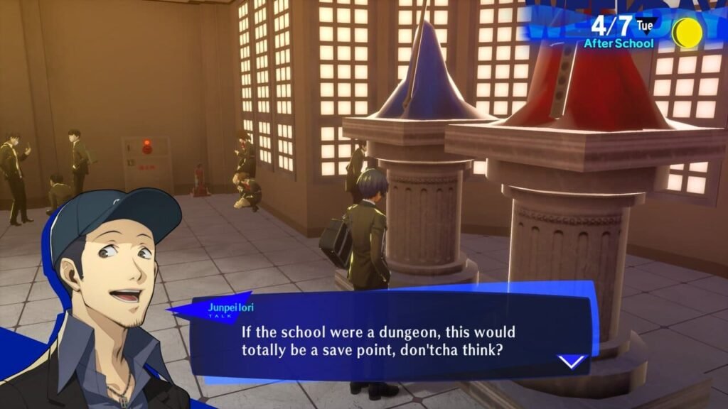 Junpei and Makoto in the Gekkoukan High School lobby