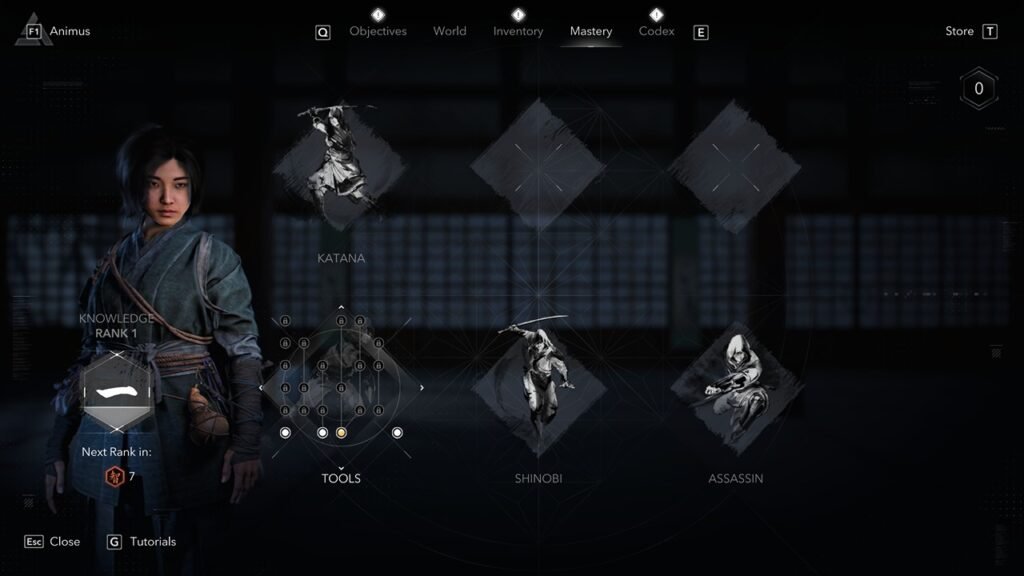 Naoe's starting skillset in Assassin's Creed Shadows