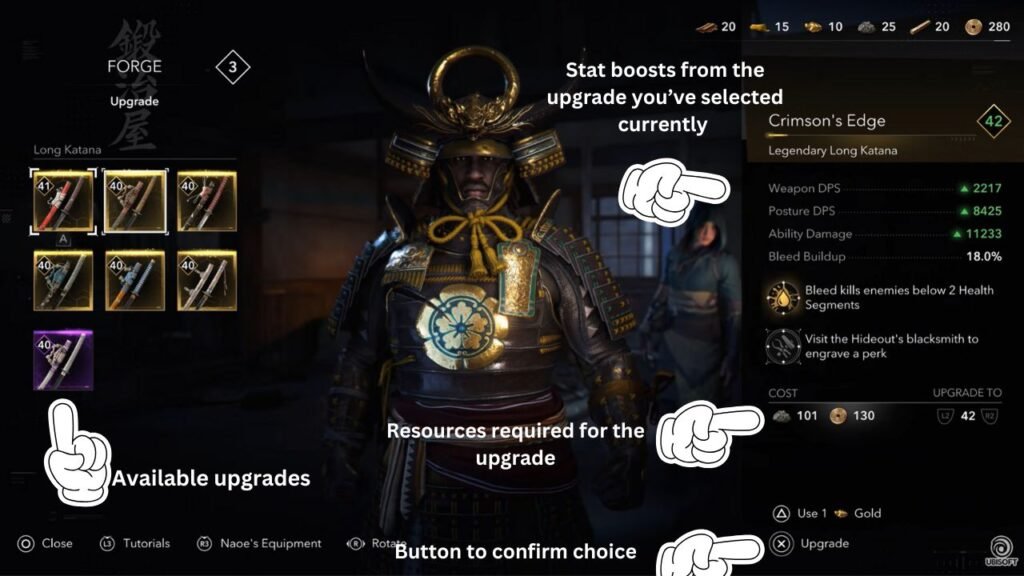Steps to upgrade weapons and armor in Assassin's Creed Shadows
