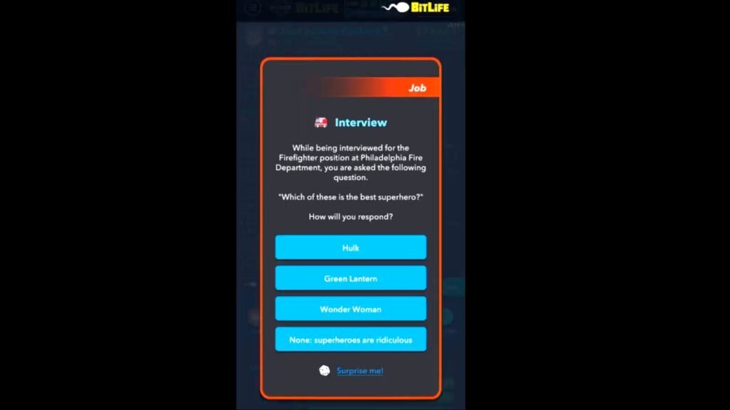 Firefighter Interview for Macho Man challenge in BitLife