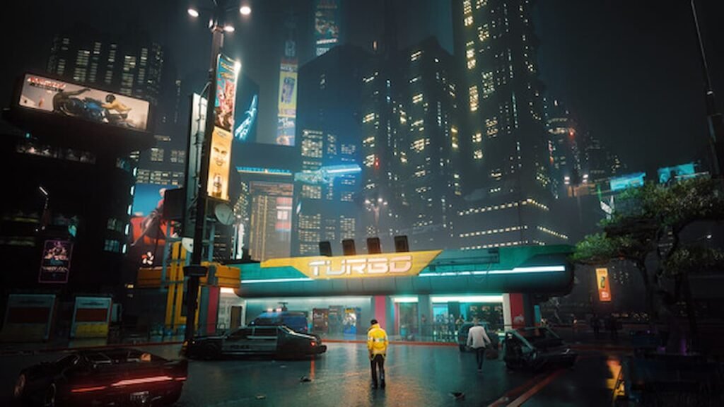 An distant image of Night City