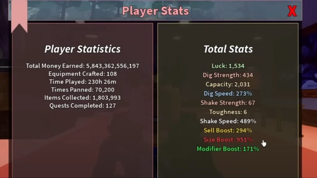 Player stats from Museum effects in Prospecting