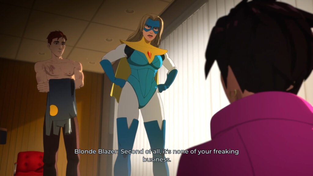 A screenshot of Blond Blazer talking with Invisigal while Robert stands behind in Dispatch Episode 2