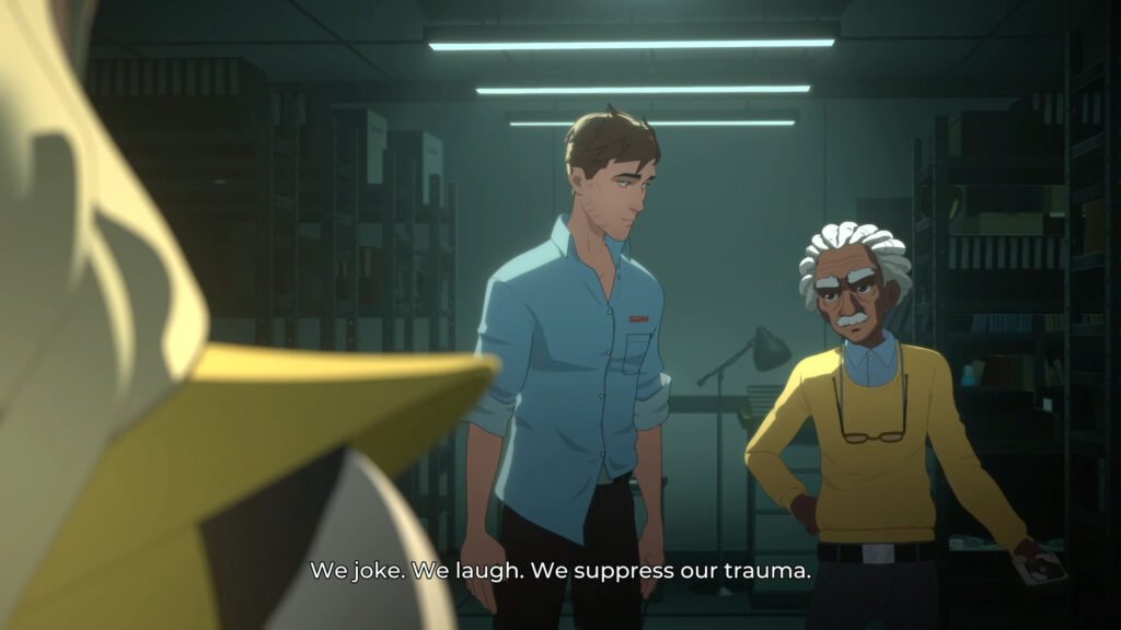 Chase saying the joke, laugh, suppress line