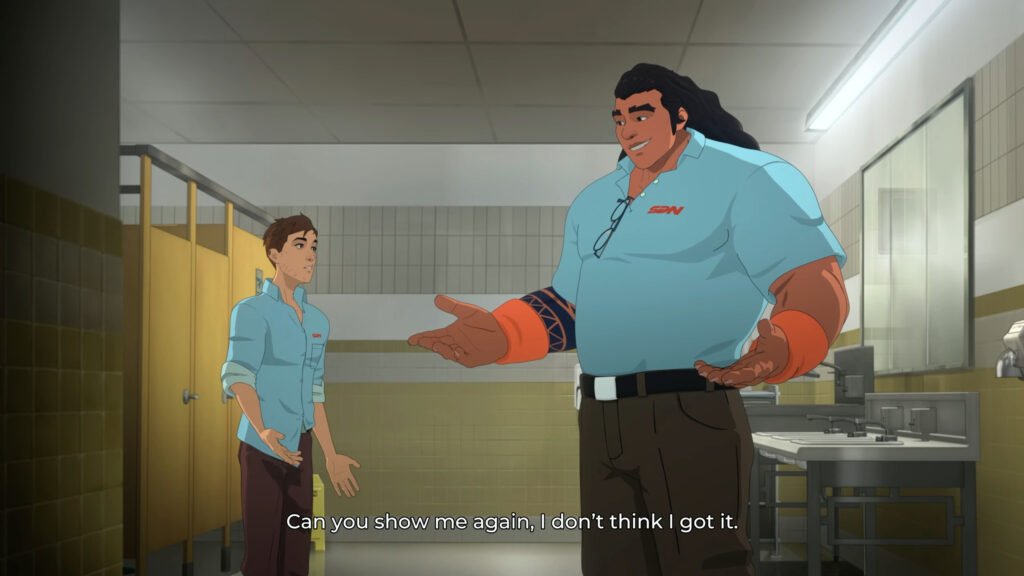Royd and Robert talking inside the bathroom in Dispatch