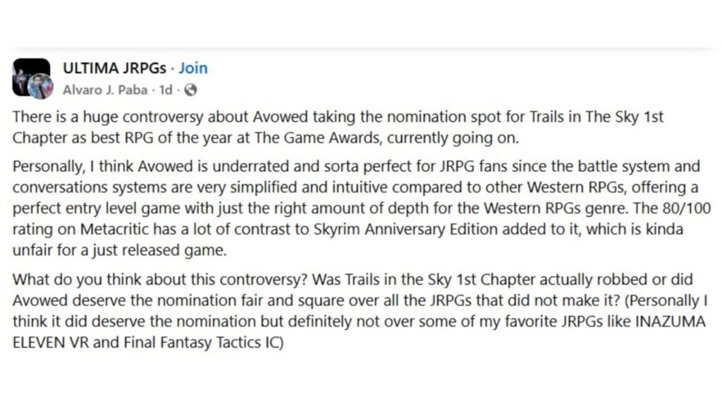 Gaming community is wondering if Avowed earned its Game Awards 2025 nomination