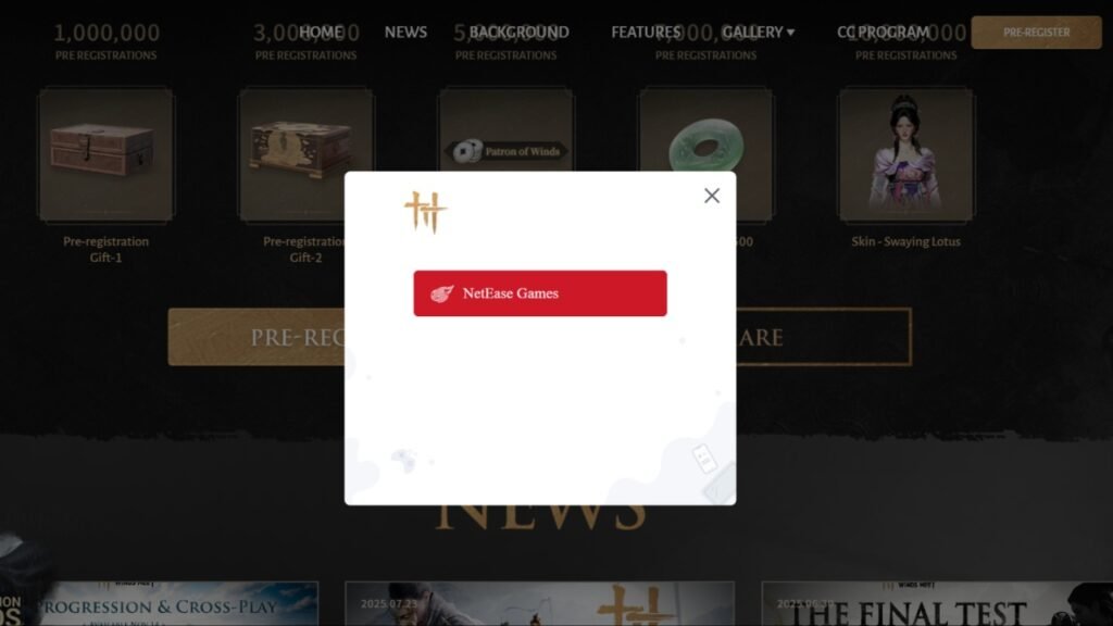 Pre-registering for Where Winds Meet with NetEase account