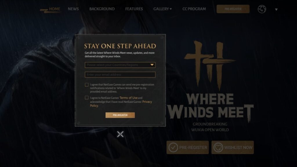 Pre-registering for Where Winds Meet with email