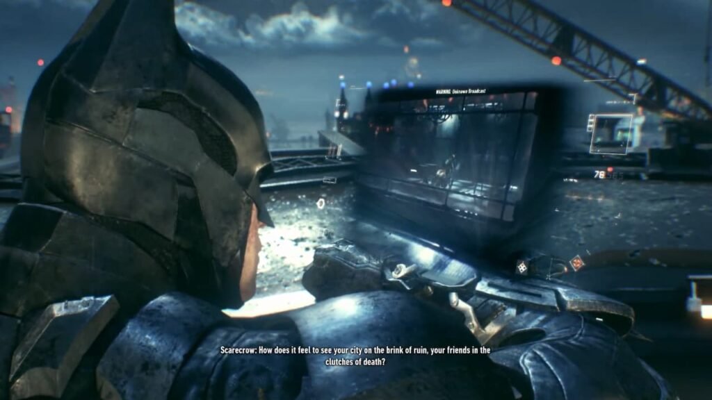 Arkham Knight gameplay of Batman talking on the transceiver