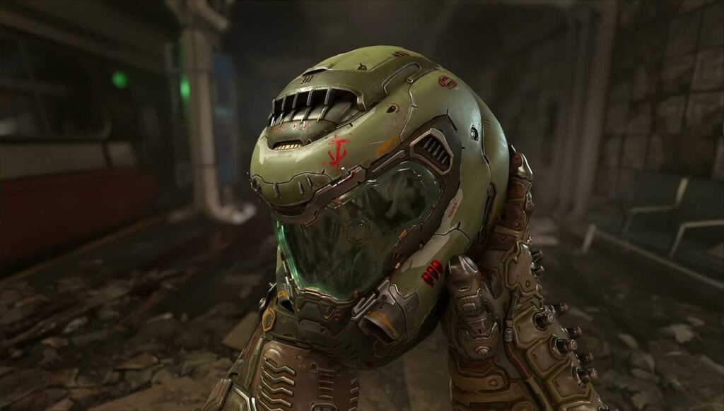 Doom Guy picking up the helmet